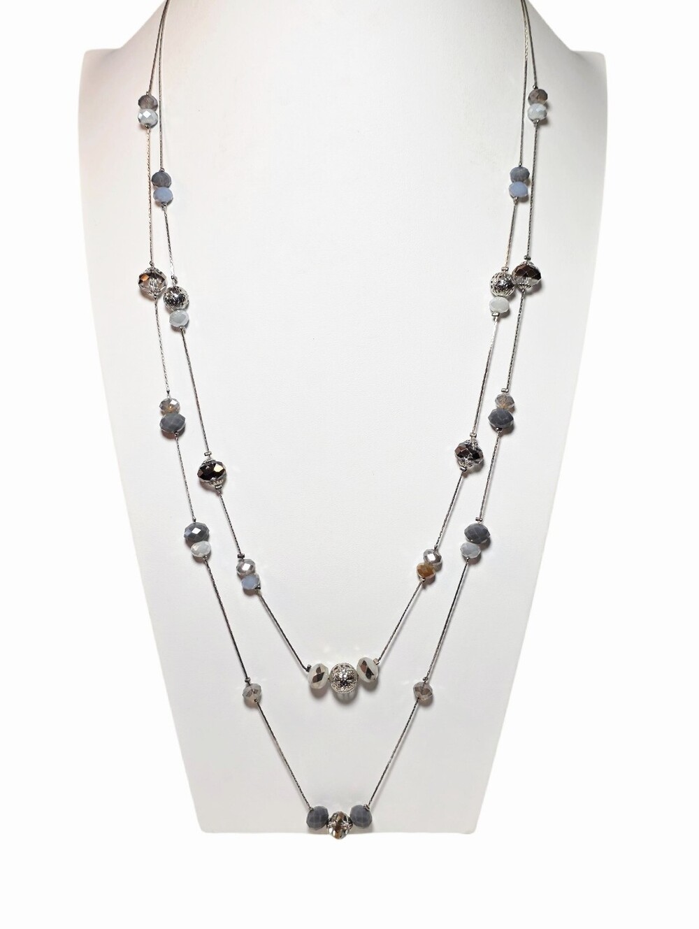 Multi-Tone Faceted Gray & Iridescent & Silver Bead Two Strand Long Necklace
